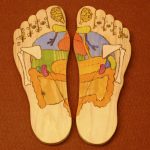 pies de madera con zonas reflejas pintadas