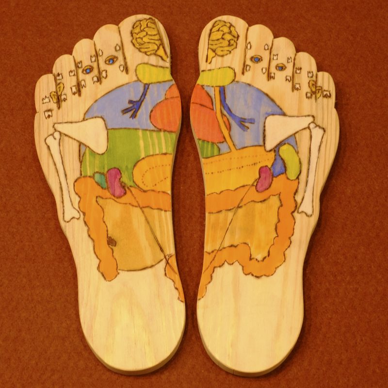 pies de madera con zonas reflejas pintadas