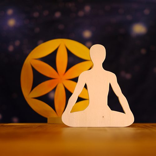 Silueta sentada en meditación con flor de la vida detrás