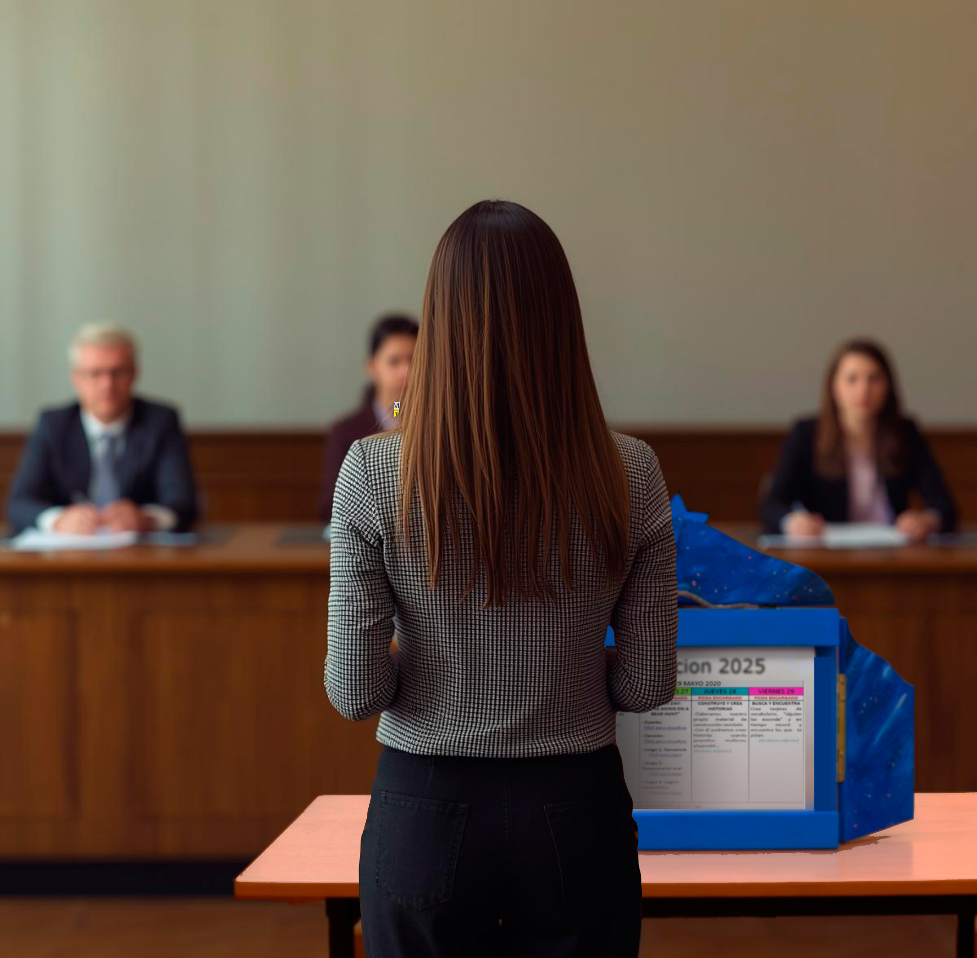 Opositora ante tribunal, con kamishibai