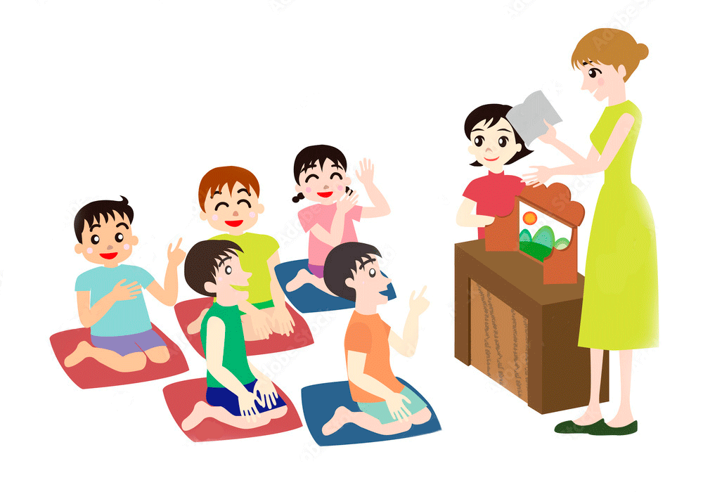 Illustración de mujer contando cuento con kamishibai a 6 niños