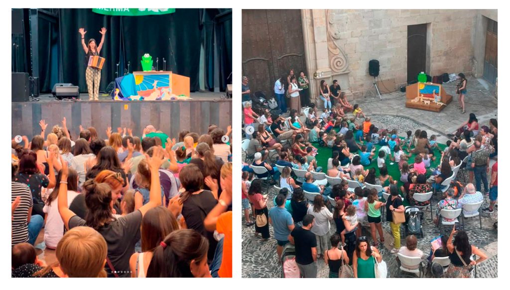 2 escenas de la cuentacuentos Clau de Conte, con el kamishibai gigante